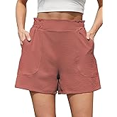 NILOINE Womens Casual Elastic Waist Shorts High Waisted Wide Leg Lightweight Beach Shorts with Pockets