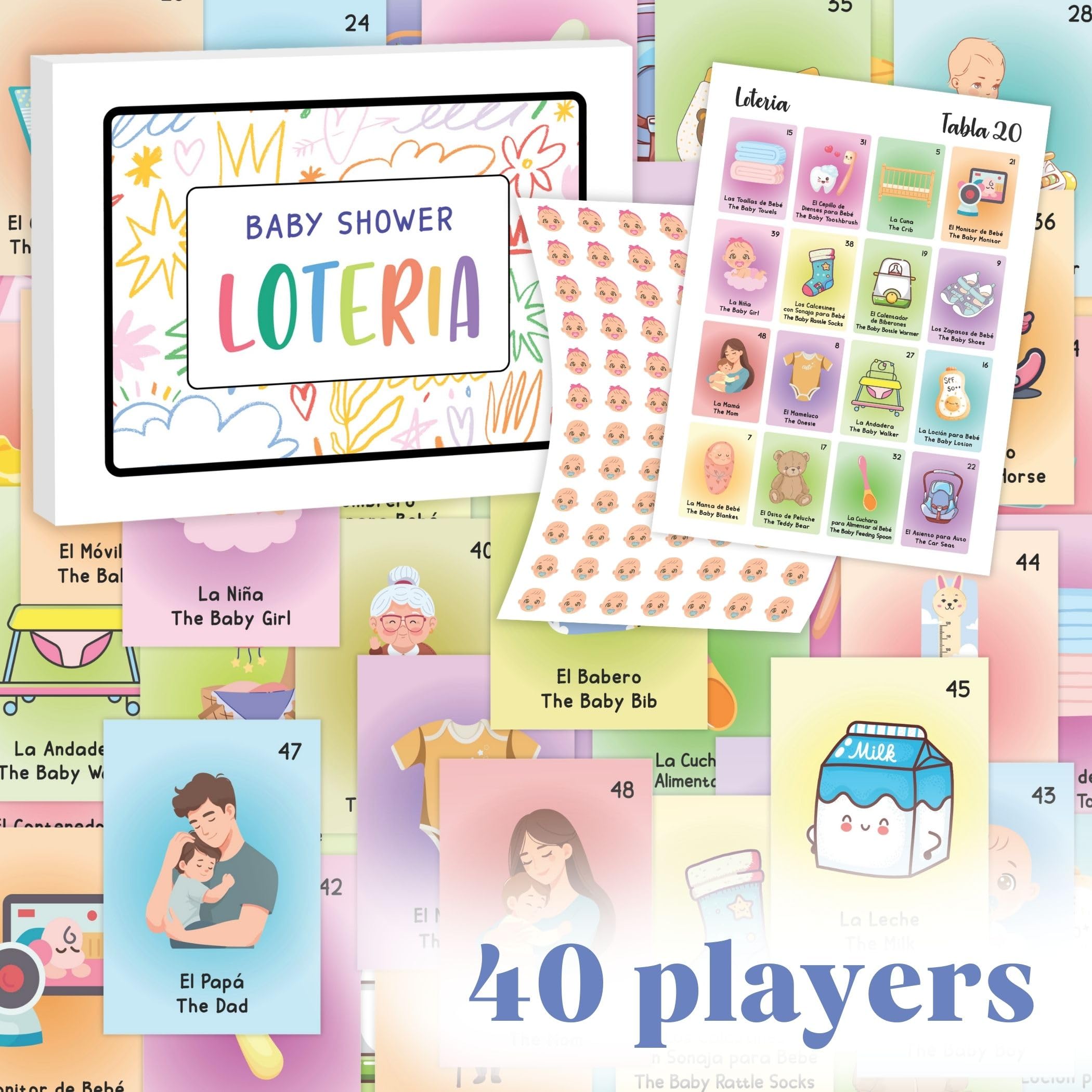 Photo 1 of WOODAMORE Baby Shower Loteria Bilingual - Baby Loteria for Babies Shower Games Spanish and English, Funny Party Bingo Game for 40 Players