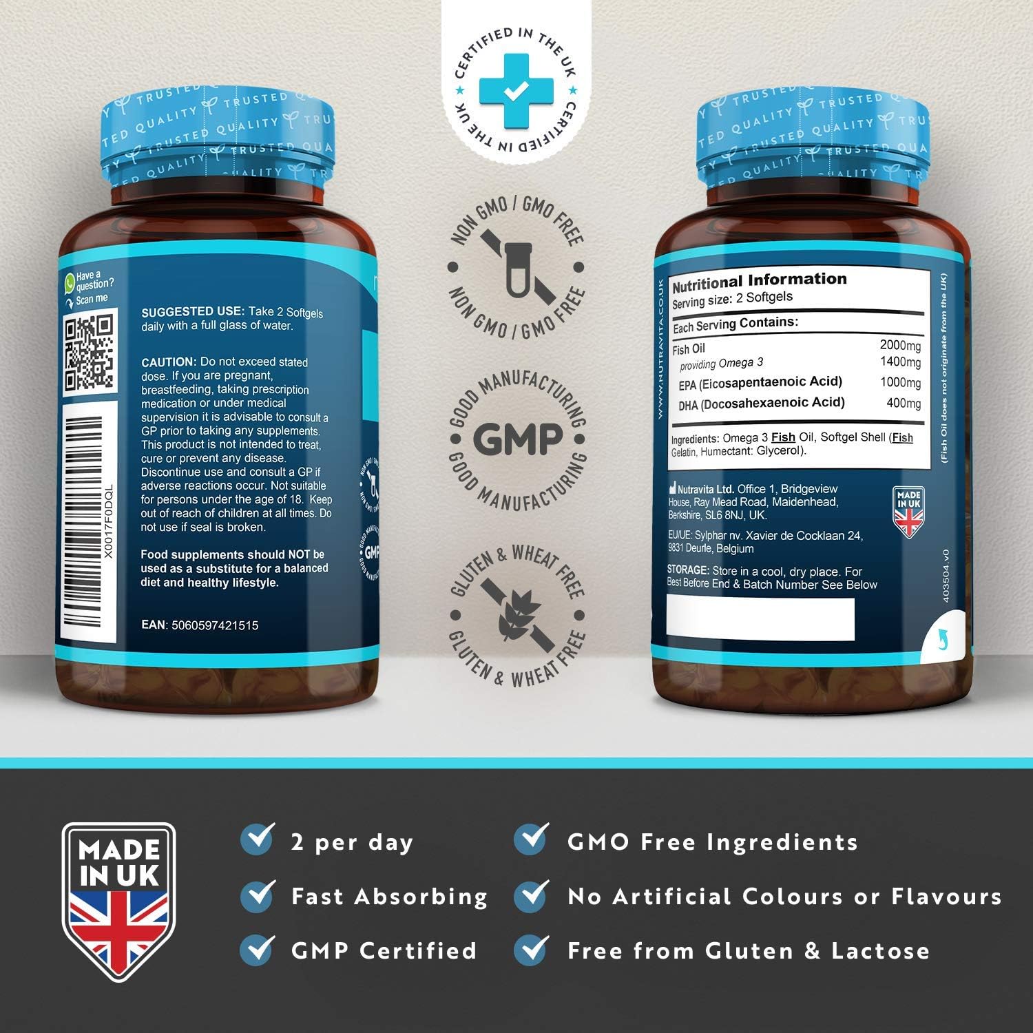 Nutravita Highest Strength Omega 3 Fish Oil 2000mg, Providing 1000mg EPA & 400mg DHA per Serving - Image 4