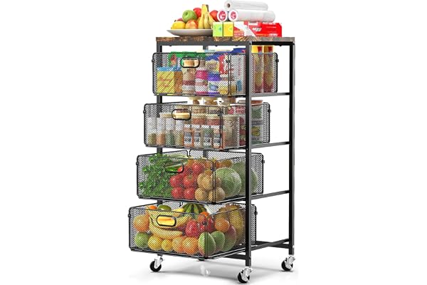 SUNALLY Rolling Storage Cart with Drawers Kitchen Snack Organizer, Black | 4 Tier metal utility pantry drawer cart with locka