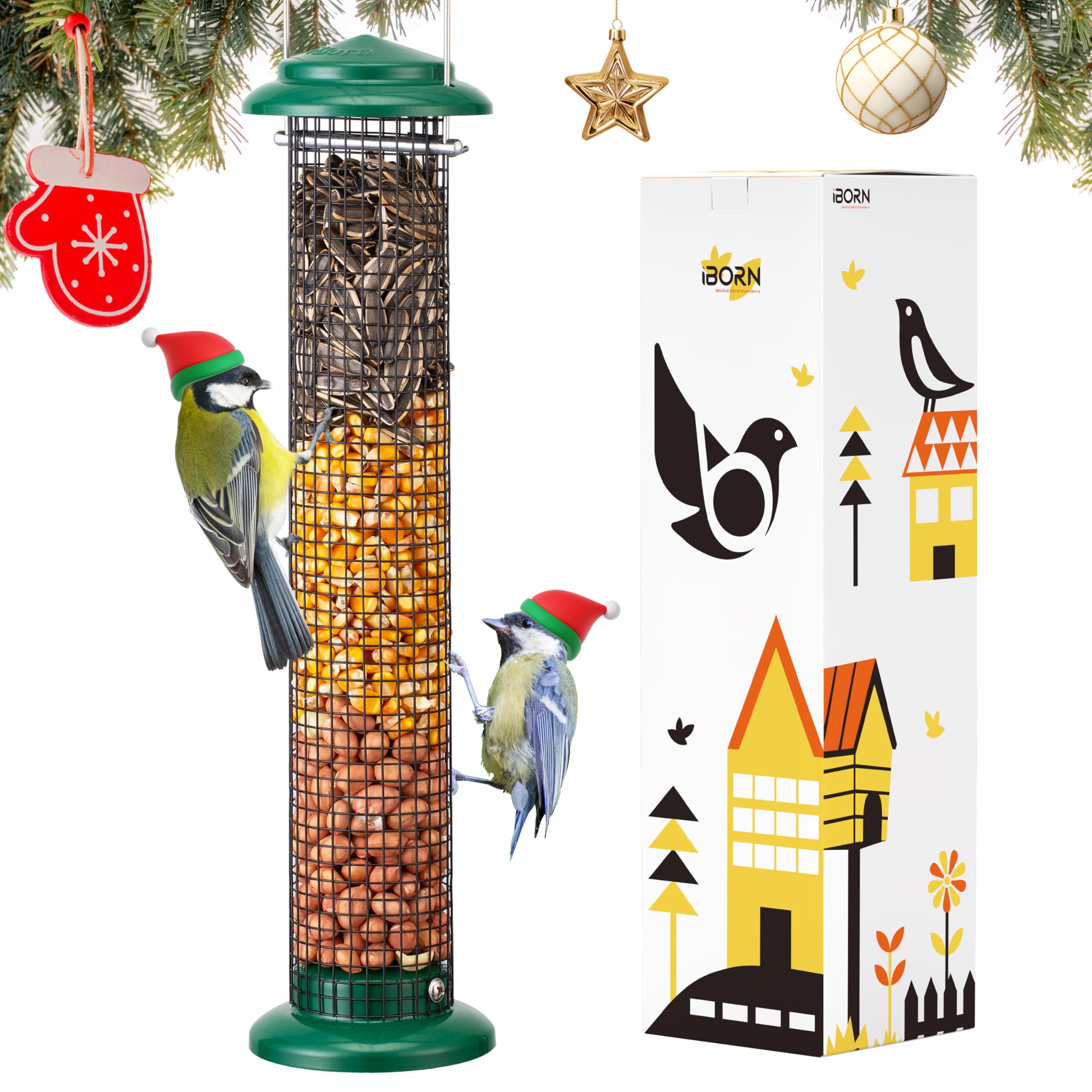 iBorn Metal Peanut Bird Feeder for Outdoors - 14 inch Peanut Feeders for Birds,Sunflower Seed Feeder, Hanging Metal Mesh Mixed Seed Bird Feeder with Easy-Clean Design for Woodpeckers,Green
