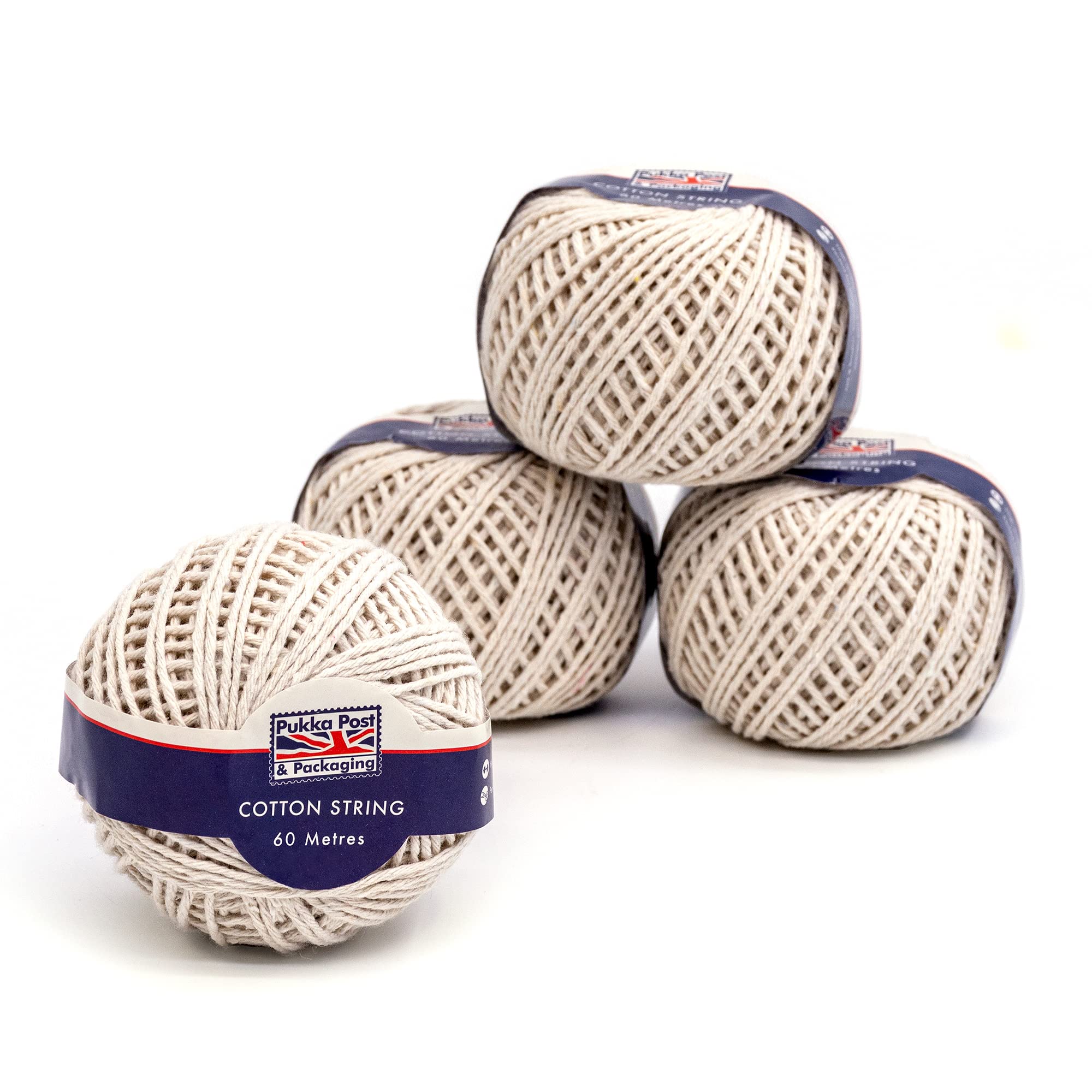 PUKKA POST & PACKAGING Cotton String Ball – For Packaging, Crafting, and DIY – Pack of 4 Balls Measuring 60m Each – Plastic-Free, Fully Recyclable Packaging
