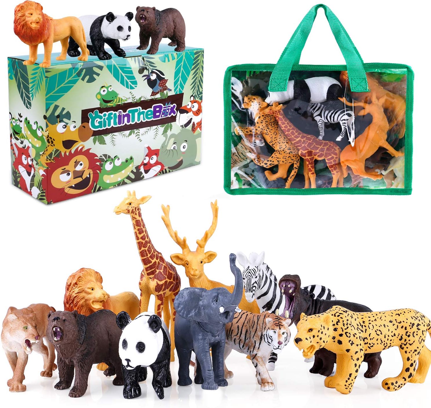 GiftInTheBox Safari Animal Figurines Toys with Activity Play Mat , Realistic Plastic Jungle Wild Zoo Animals Figures Playset with Elephant, Giraffe, Lion, Panda，Gift for Kids, Boys …: Toys & Games
