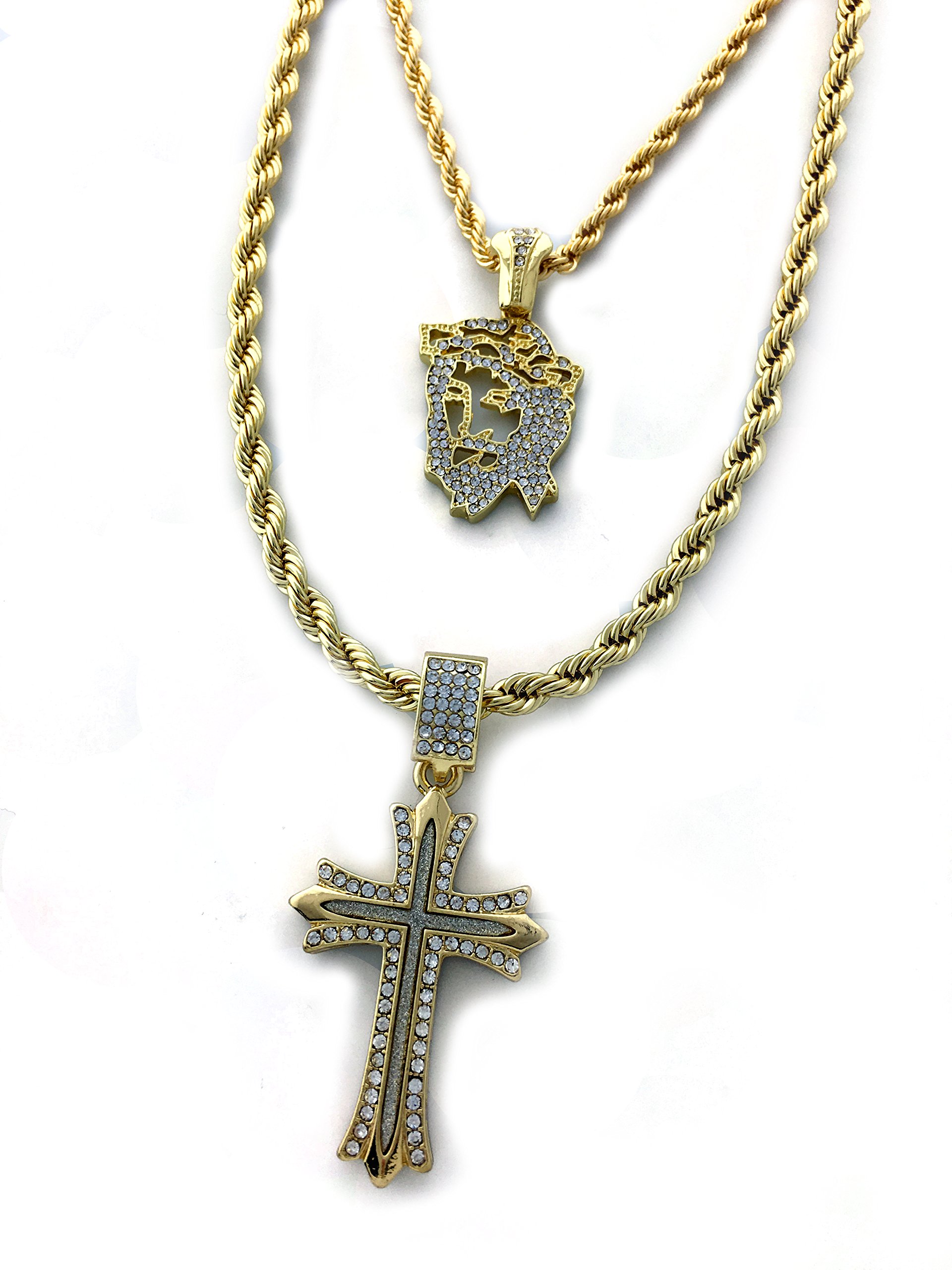 United Bling Two Piece Chain Necklace Set with Jesus & Cross Pendants