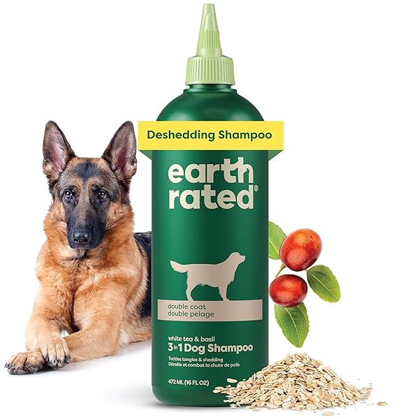 EARTH RATED 3-IN-1 DESHEDDING DOG SHAMPOO AND CONDITIONER, DEODORIZING OATMEAL SHAMPOOS FOR DOGS AND PUPPIES, GREAT FOR SMELLY PETS, WHITE TEA AND BASIL SCENT, 16 OZ