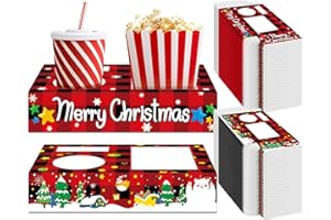 QOUBAI 50Pcs Christmas Party Supplies Movie Night Paper Snacks Boxes Xmas Movie Theater Snack Tray Party Decorations Movie Popcorn Drink Holder Set for Christmas Birthday Holiday Party Stand Family