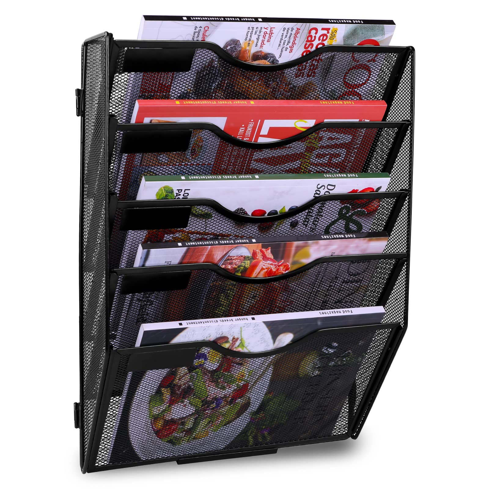 TQVAI 5 Pockets Wall File Holder, Mesh A4 Wall Mounted Document Holder, Hanging Wall Magazine Storage Rack, Desk Stationary Tidy Organiser in Tray for Office School Accessories, Black — image 1