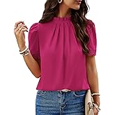 BTFBM Women Blouses 2026 Dressy Casual Summer Tops Mock Neck Lace Trim Short Sleeve Business Work Shirts Spring Clothes