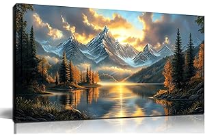 JuhaiArt Lake Picture Art Mountain Landscape Nature Wall Decorations Scenery Canvas Wall Art for Bedroom Office Gold Sunset Poster Artwork 20"x 40"