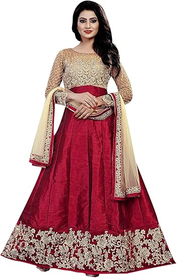 Womens Red Color Banglory Silk Semi Stitched Salwar Suit
