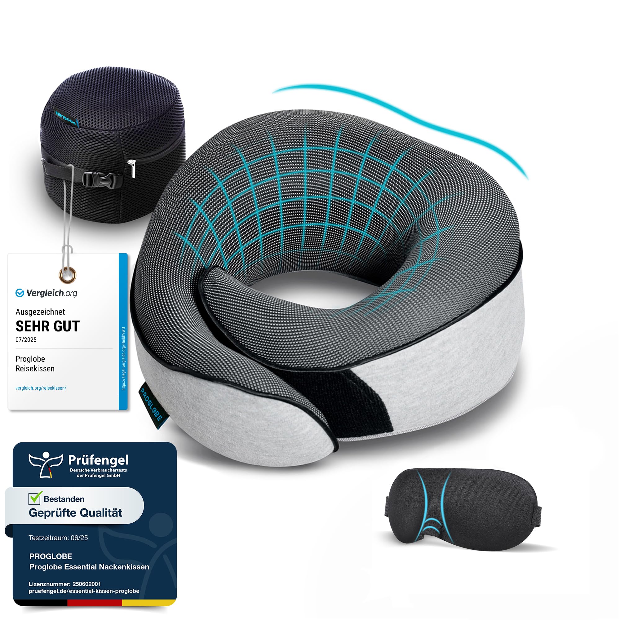 Proglobe Nackenkissen Flugzeug, Reisekissen 100% Memory Foam, Orthopädisches Nackenhörnchen, Ideal für Reisen mit Flugzeug, Auto, Zug Mit 3D-Schlafmaske, Hochwertige Netztasche, Grau