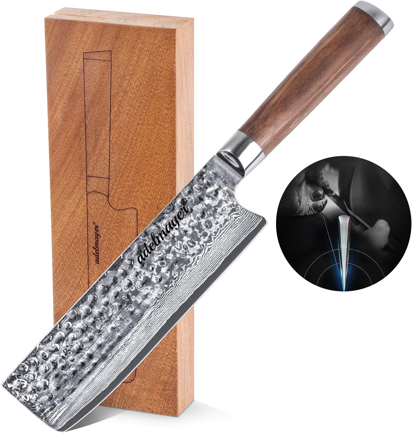 adelmayer® Premium Damastmesser- Nakirimesser 17,5 cm - Extreme Härte und scharfe Klinge - japanischer Damaststahl - handgeschliffen - hochwertiger Walnussgriff - edle Geschenkbox