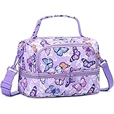 Chase Chic Lunch Bag for Girls, Insulated Reusable Large Cute Dual Lunch Bag Box Container for Kids Toddler School Daycare Purple Butterfly