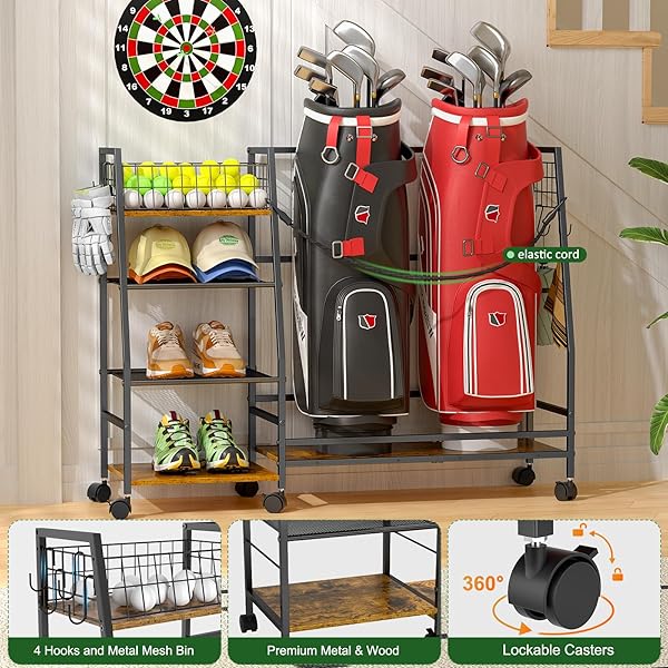 GOLF BAG STORAGE RACK FOR GARAGE WITH WHEELS, ORGANIZER FOR 2 GOLF BAG AND EQUIPMENT ACCESSORIES, GOLF ORGANIZER STAND IDEAL FOR HOME, GARAGE, CLUB, SHED, BASEMENT – STURDY AND DURABLE (BLACK)