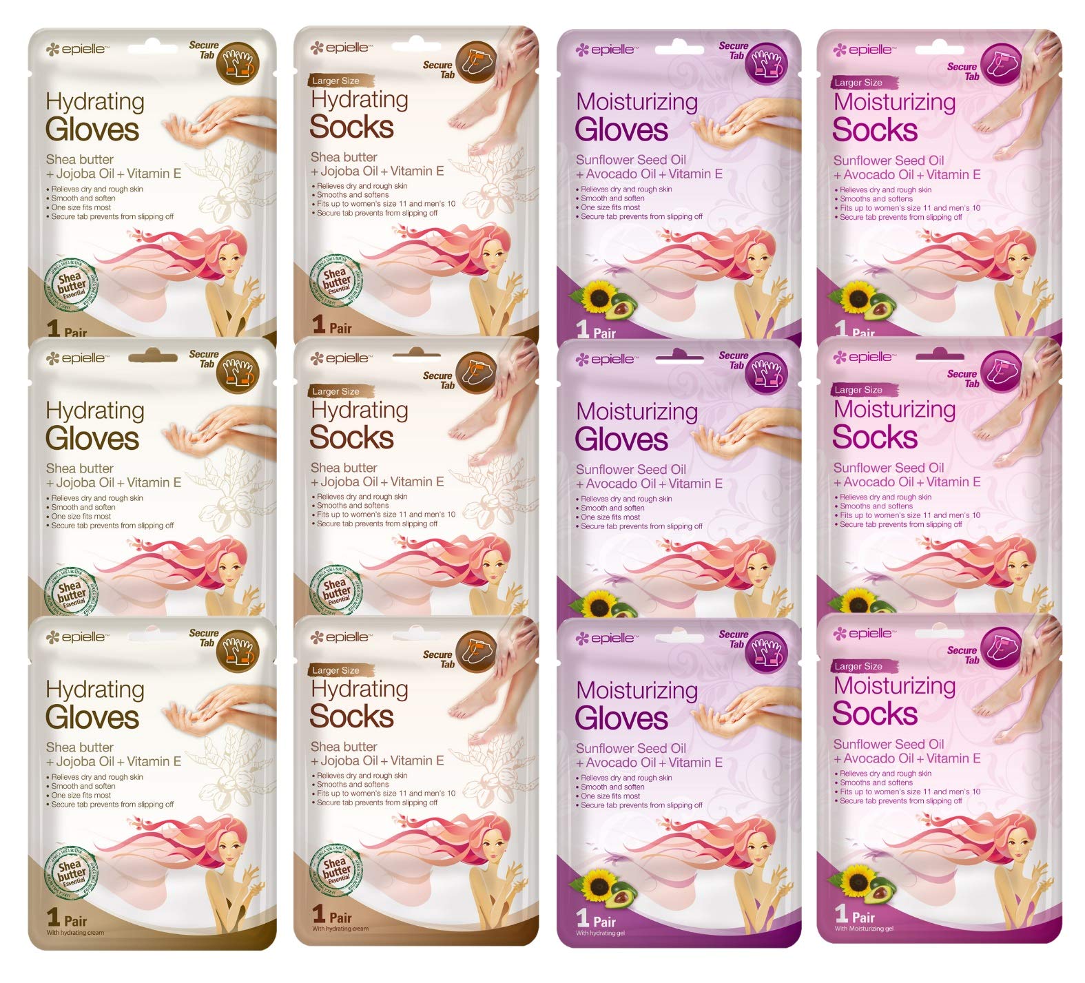 Epielle Hydrating & Moisturizing Gloves & Socks Masks Combo 12pk for Hand and Foot - Dry hand, Dry cracked heel |Coconut Oil, Milk Extract, Hyaluronic Acid, Sunflower Seed Oil, Avocado oil, Vitamin E
