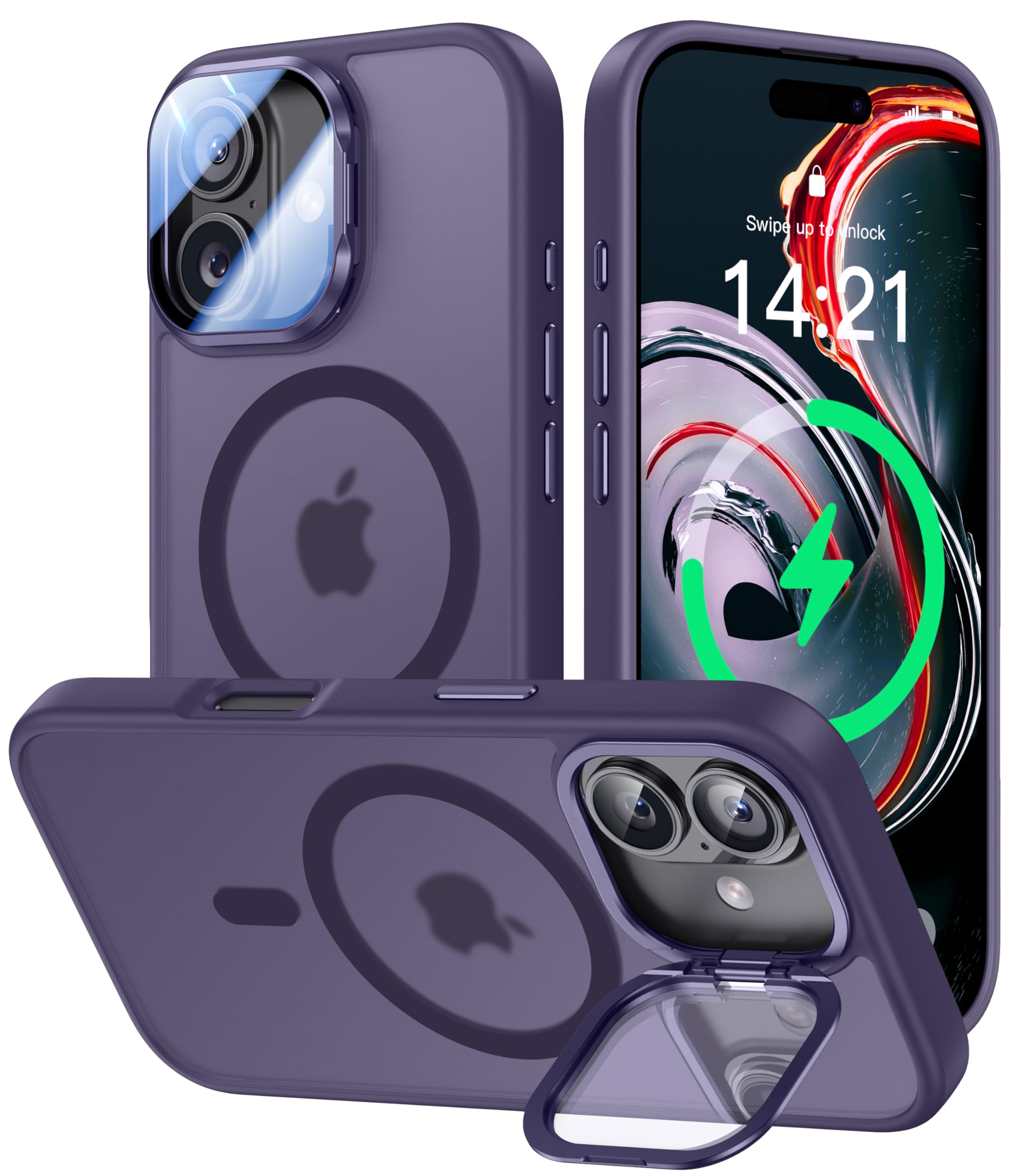 VOFATA [Upgraded Full Camera Protection] for iPhone 17 Case with Camera Cover Stand [Fit for MagSafe][10FT Mil-Grade Protection] Translucent Magnetic iPhone 17 Phone Case, Purple