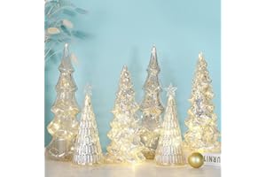 LOYIM 6 Pcs Mercury Glass Christmas Tree Silver Plate Glass Figurines with LED Fairy Lights 11 in Tall Silver Finish Light up Christmas Tree Ornaments Holiday Table Centerpiece Tabletop(Elegant)