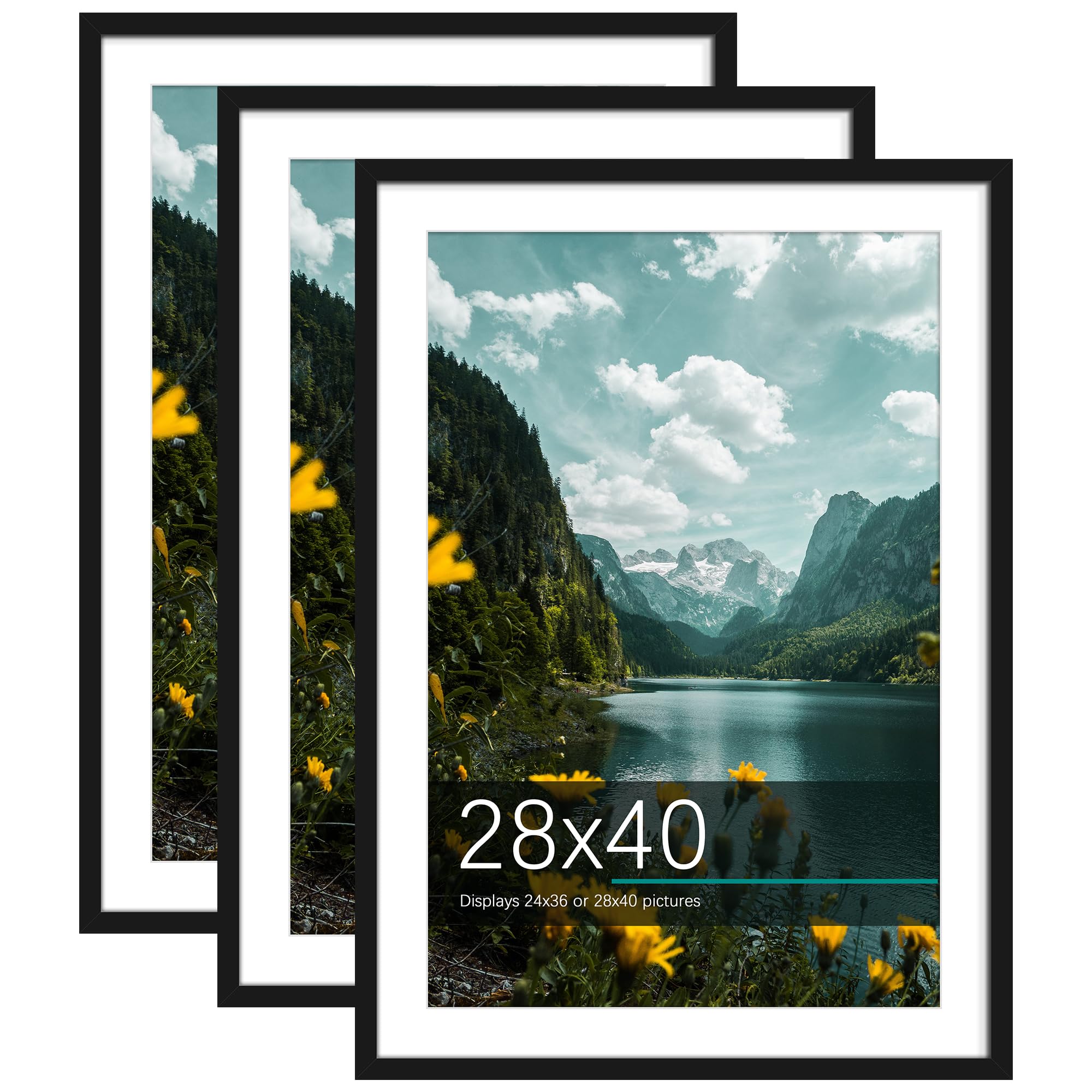 Photo 1 of Picrit 28x40 Picture Frame 3 Pack, Black Poster Frame, Display Poster 24 x 36 with Mat or 28 x 40 without Mat for Horizontal or Vertical Wall Mounting