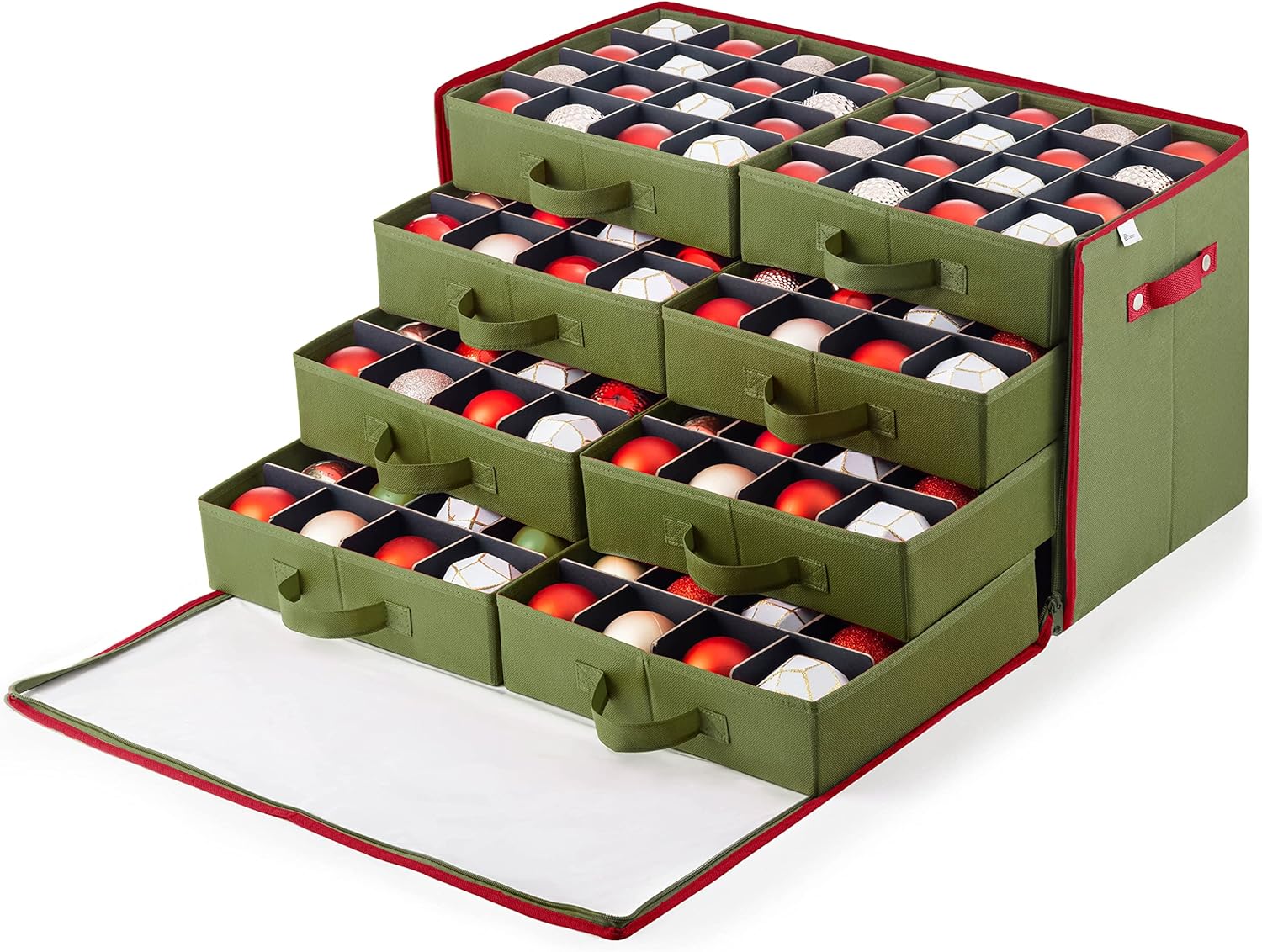 Holiday Décor Storage - ZOBER Christmas Ornament Storage Box - Drawer Style Trays, Stores 128 Ornaments - Non-Woven Fabric Christmas Ornament Storage Containers - 3 Inch Cube Compartments - Green