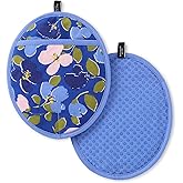 Kate Spade New York Painterly Bouquet Pot Holder 2-Pack Set, Heat Resistant, 100% Cotton with Printed Non-Slip Silicone Grip, Blue/Green/Rose, 8"X10"