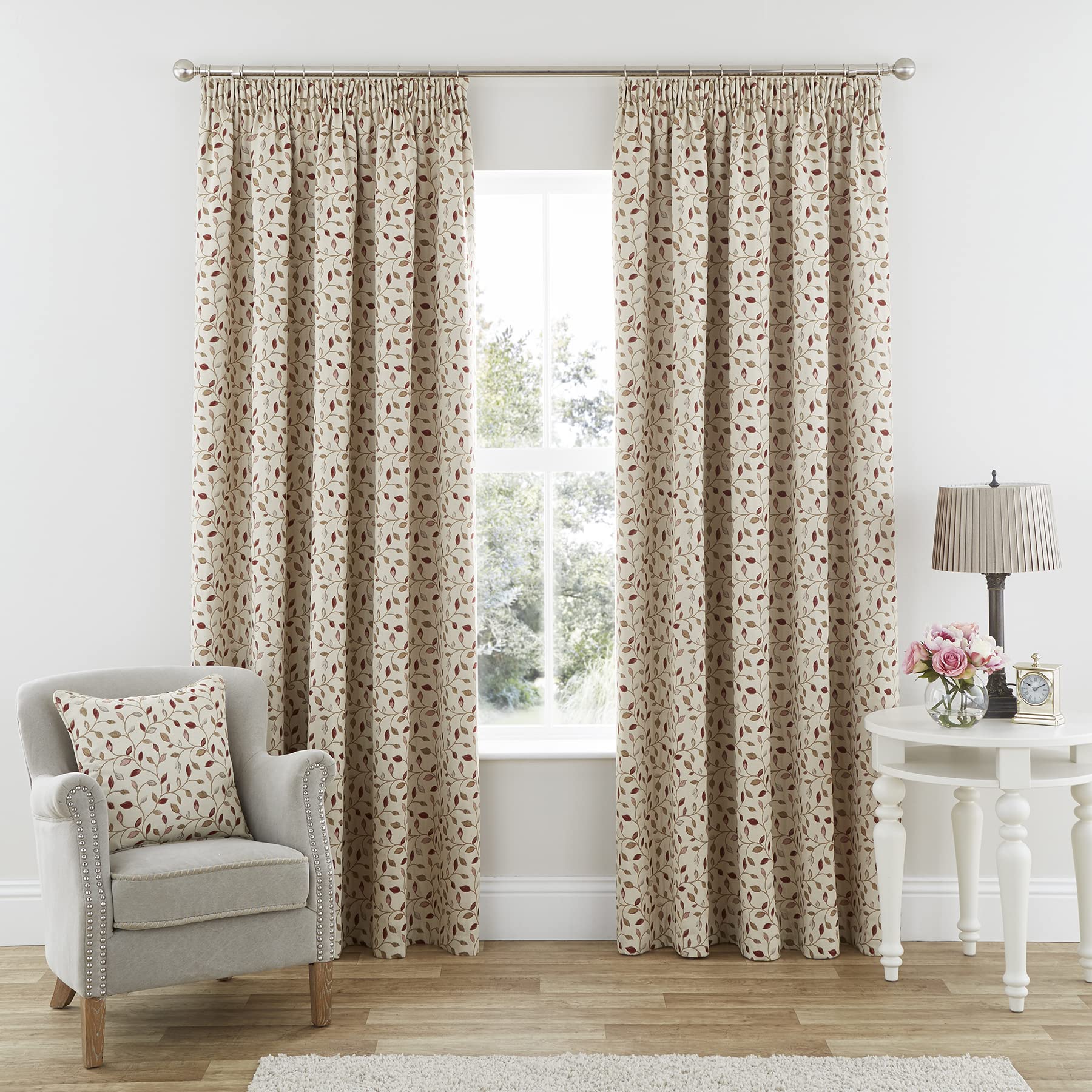 always4u Floral Jacquard Lined Pencil Pleat Curtains for Living Room/Bedroom/Kitchen Room Darkening Red Leaf Window Decoration Drapes 1 Pair 46x54 Inches