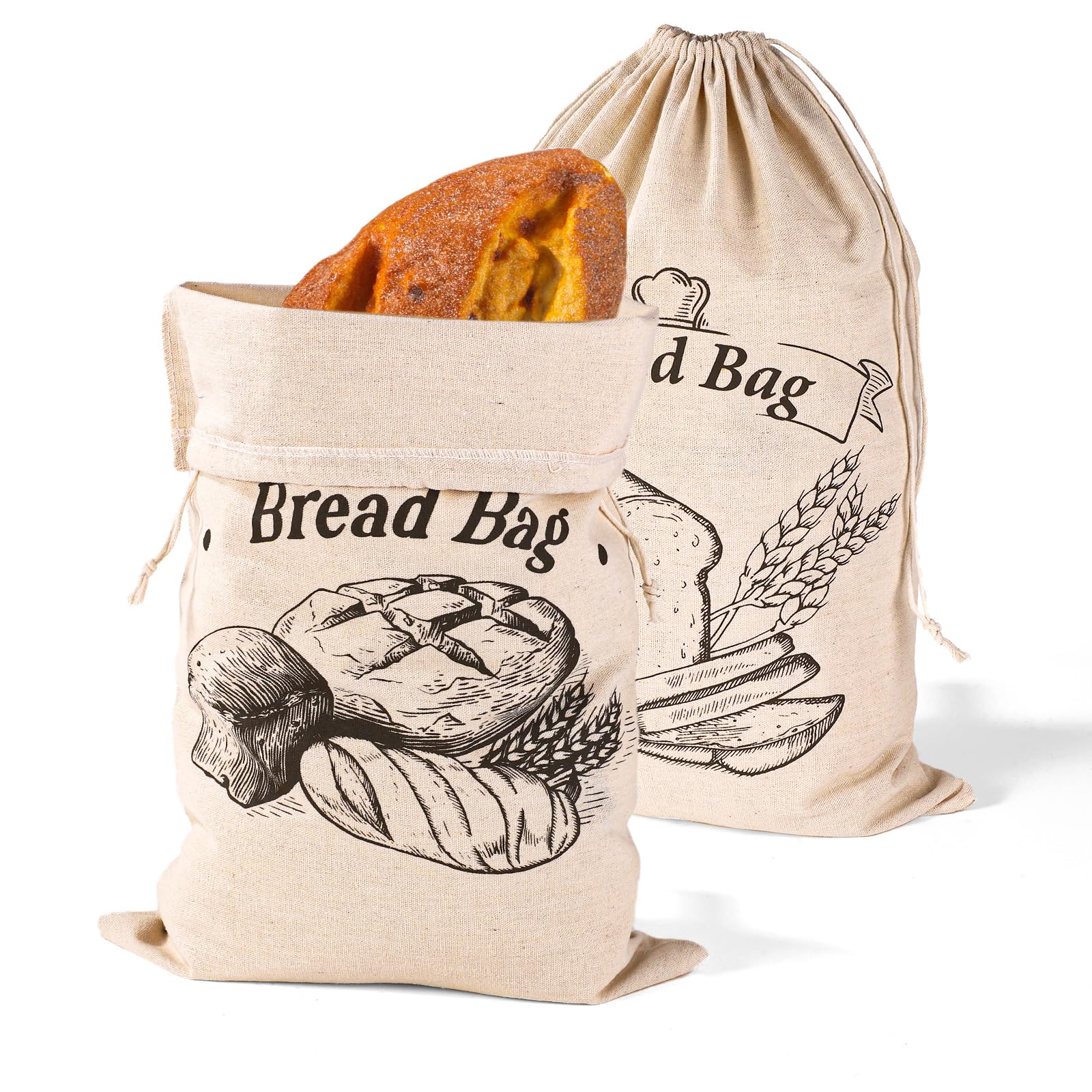 PEUTIER 2pcs Unbleached Bread Bags, 17.8x11.8 Inch Reusable Bread Container Washable Loaf Bags Loaf Storage for Homemade Bagels Toast Croissant (Khaki)
