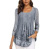 Timeson Women's Casual 3/4 Sleeve Tunic Tops Floral Double Layers Blouses Loose Fit Pleated Mesh Shirts