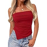 PRETTYGARDEN Going Out Tube Tops for Women Trendy Summer 2026 Asymmetrical Ruched Strapless Bandeau Shirts Spring Clothes