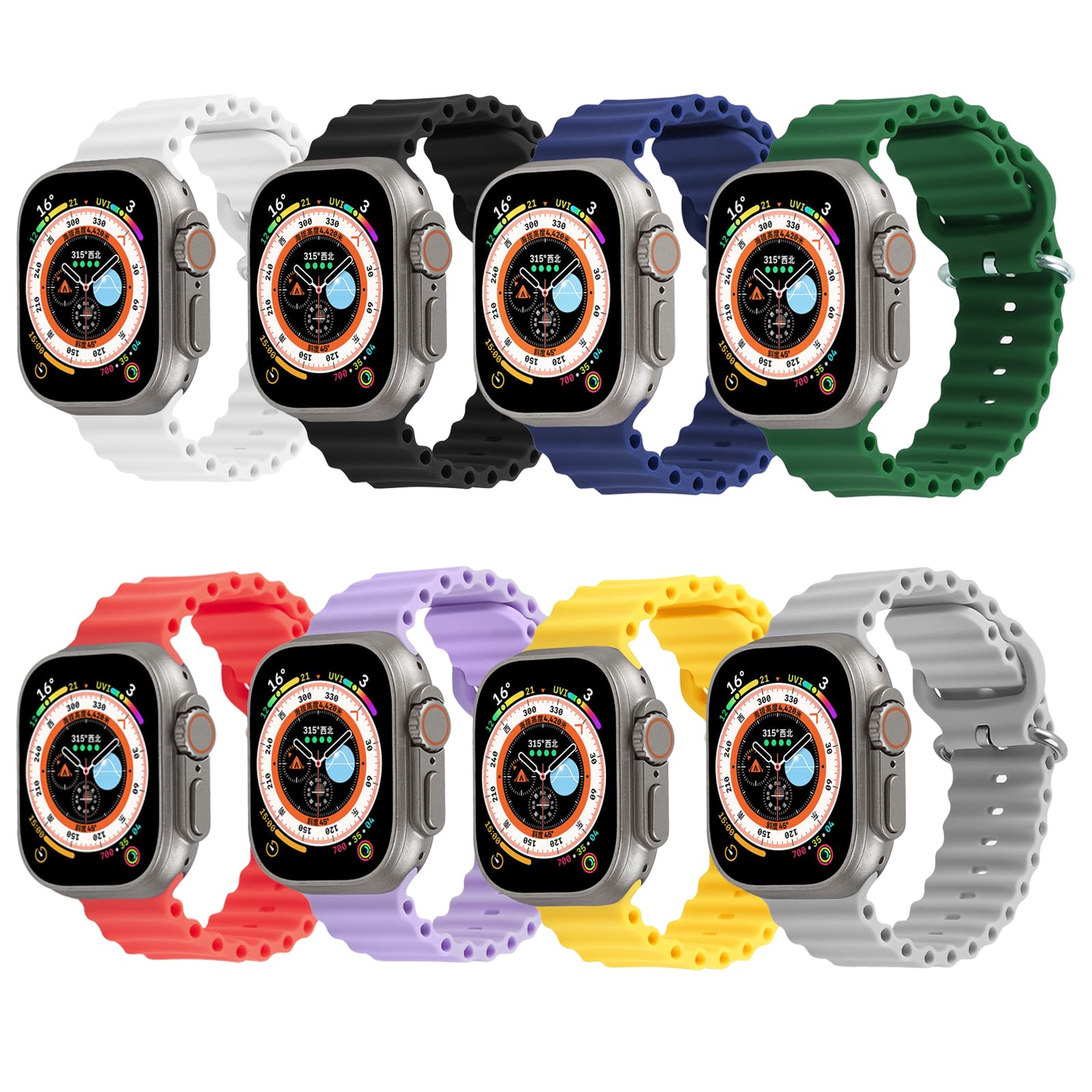 Ymgkyza 8 Pack Ocean Silicone Watch Band, Compatible with Apple Watch Series 1/2/3/4/5/6/7/8/9/SE/Ultra Band 38mm-49mm, Varied Colors