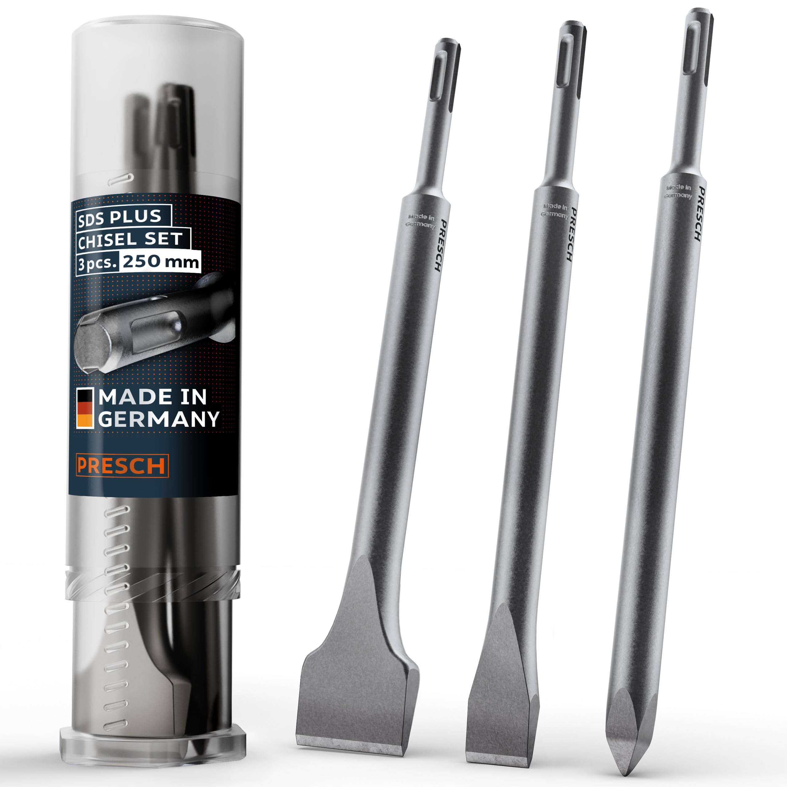 Presch SDS-Plus Chisel Set - 3-piece (Flat Chisel, Wide & Point) - Extremely Robust, Durable Tips - Rotary Hammer chisels (250mm Length) for Powerful Strikes