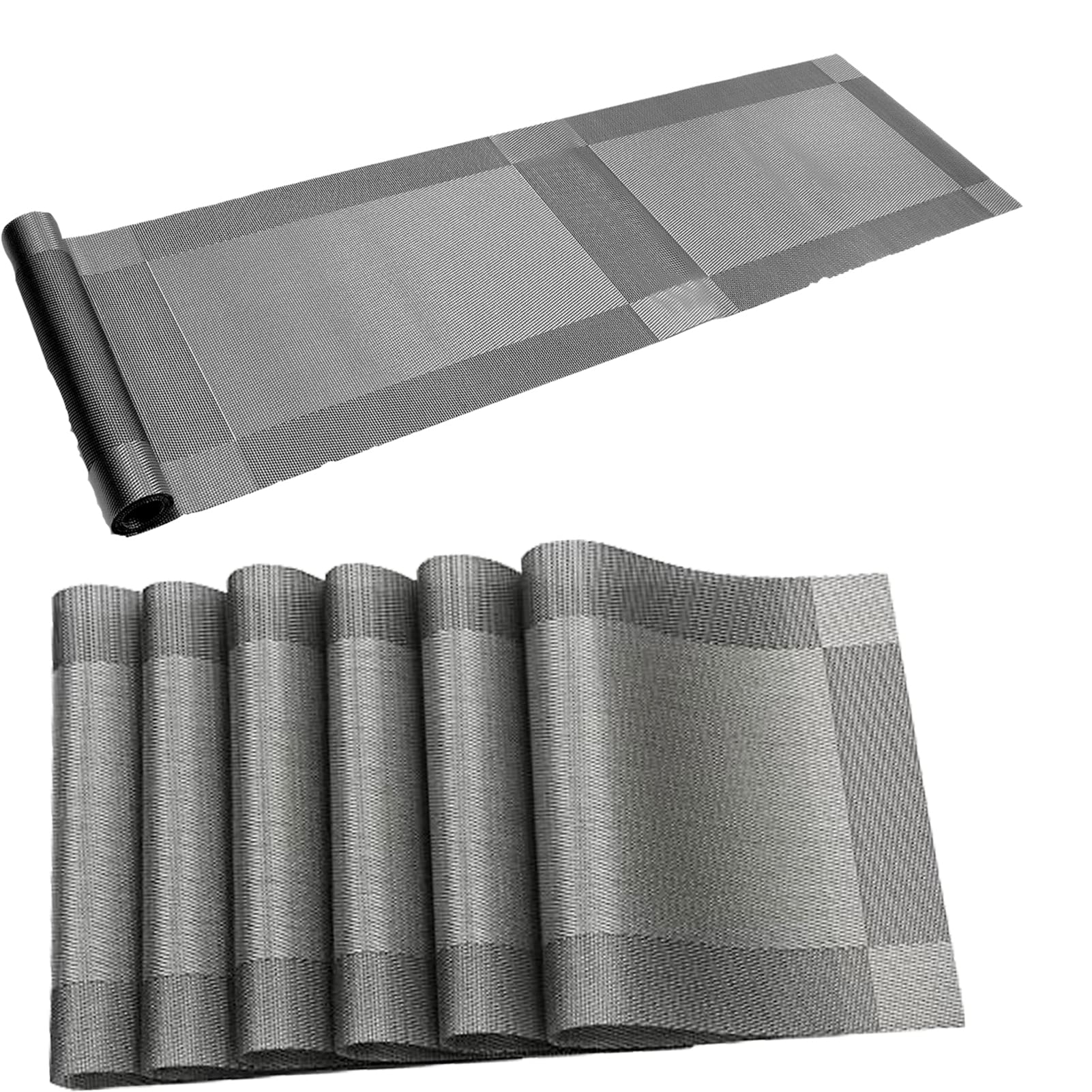Xmkuwa Placemats, Washable PVC Table Mats, Woven Vinyl Placemat for Dining Table Place Mats Set (6 placemats and 1 Table Runner, Silver and Grey)