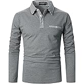 LUJENGEFA Mens Long Sleeve Polo Shirts with Collar Houndstooth Casual Slim fit Golf Fall Winter Cotton T Shirts Tops for Men