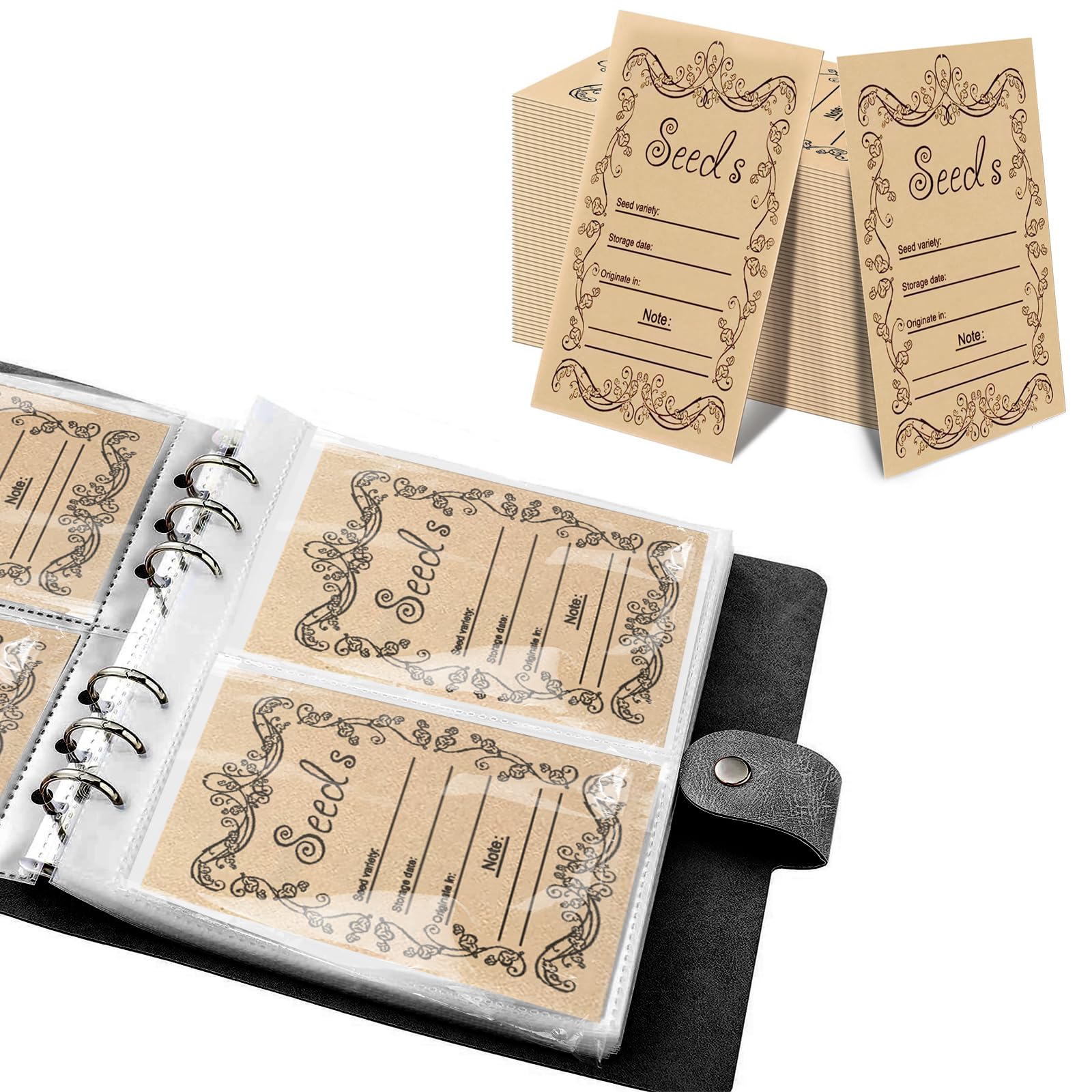 100Pcs Resealable Self-Sealing Seed Packets, Storage Organizers and Saving Envelopes, Garden Bags for Vegetable, 100 Grid Collection Book (Black)