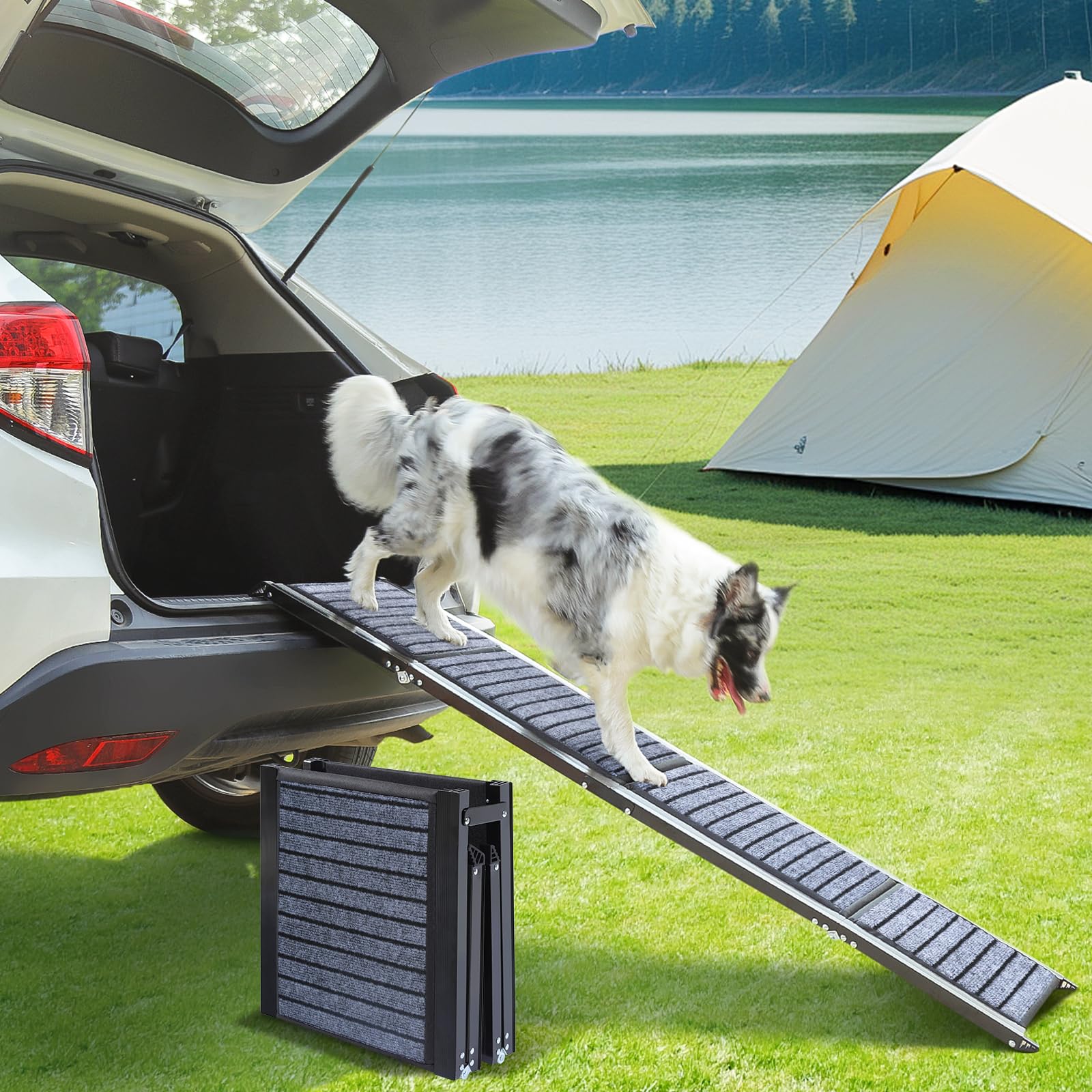 Photo 1 of 63" Long Dog Ramp for Car, Foldable Dog Ramps for Large Pet, Portable Dogs Ramp for Truck, 17" Wide Pet Car with Non-Slip Rug Surface, Pet Ramp for Large Dogs Up to 200LBS for Car, SUV & Truck-L