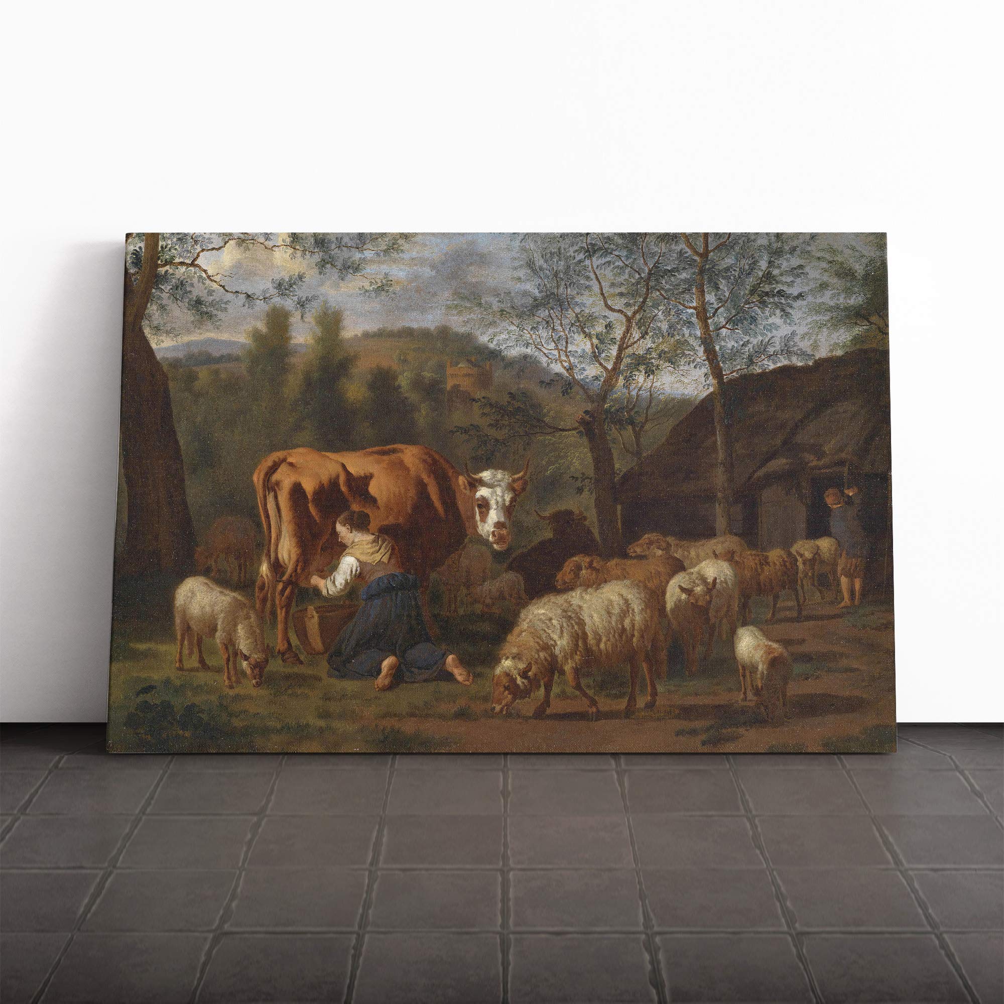 Adriaen Van de Velde Milk Maid Canvas Print | Gallery Wrapped 30mm Frame Wall Art | 20x14 inches | Ready to Hang | Modern Picture | Living Room Bedroom Lounge Office
