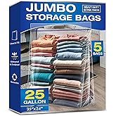 25 Gallon Jumbo Storage Bags, 3.5 Mil Thick Clear Plastic Zipper Bags with Handles, 35" x 24" Extra Large XL Heavy Duty for Home, Travel, and Moving (5 Packs)