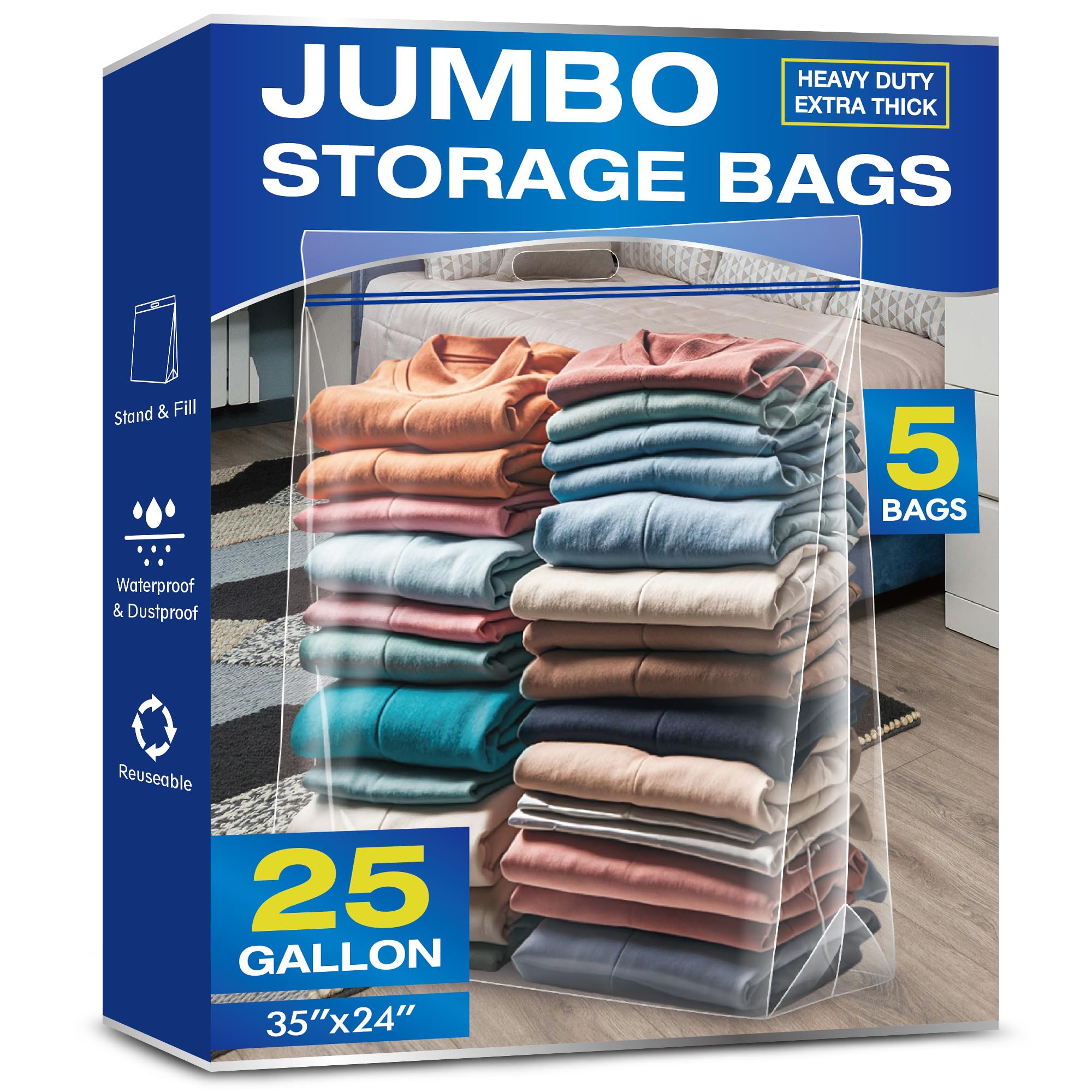 Photo 1 of 25 Gallon Jumbo Storage Bags, 3.5 Mil Thick Clear Plastic Zipper Bags with Handles, 35" x 24" Extra Large XL Heavy Duty for Home, Travel, and Moving (5 Packs)