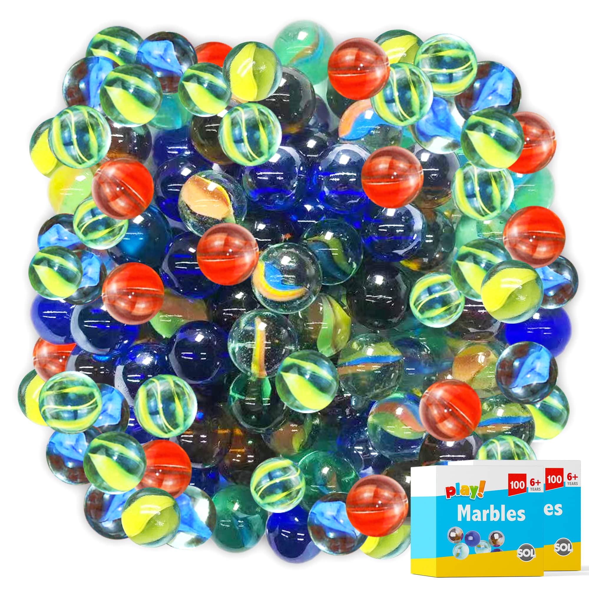 SOL 200pk Traditional Glass Marbles for Kids, Classic Cat’s Eye Design in Assorted Colours, Durable Toys for Indoor and Outdoor Games, Party Bag Fillers, Arts, Crafts and Creative Play for All Ages