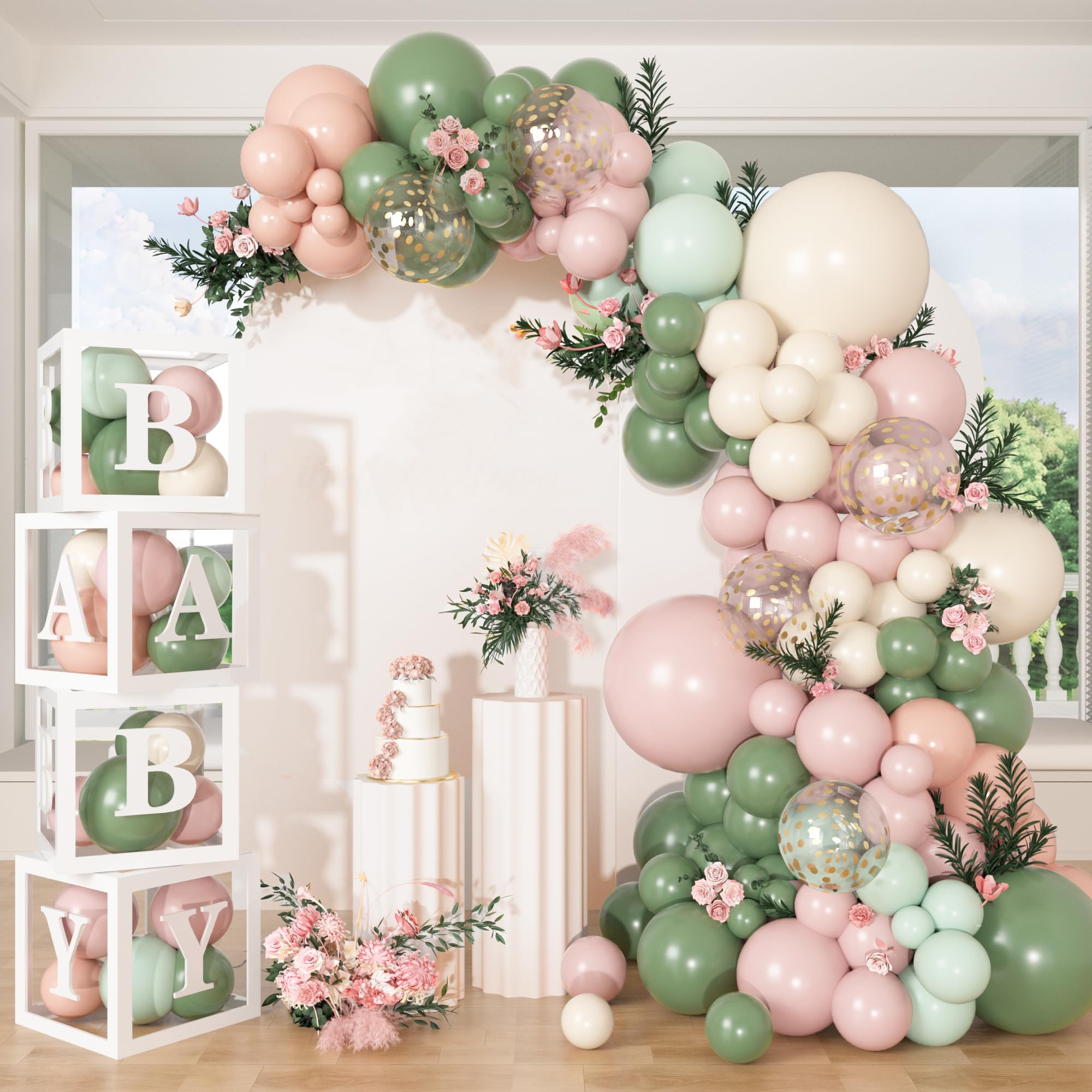 View 1 of 153Pcs Pink and Sage Green Balloon Arch Kit, Baby in Bloom Baby Shower Decorations for Girl Boxes with Letters (A-Z+Baby) for Boho Floral Baby Shower Birthday Gender Reveal Party Supplies