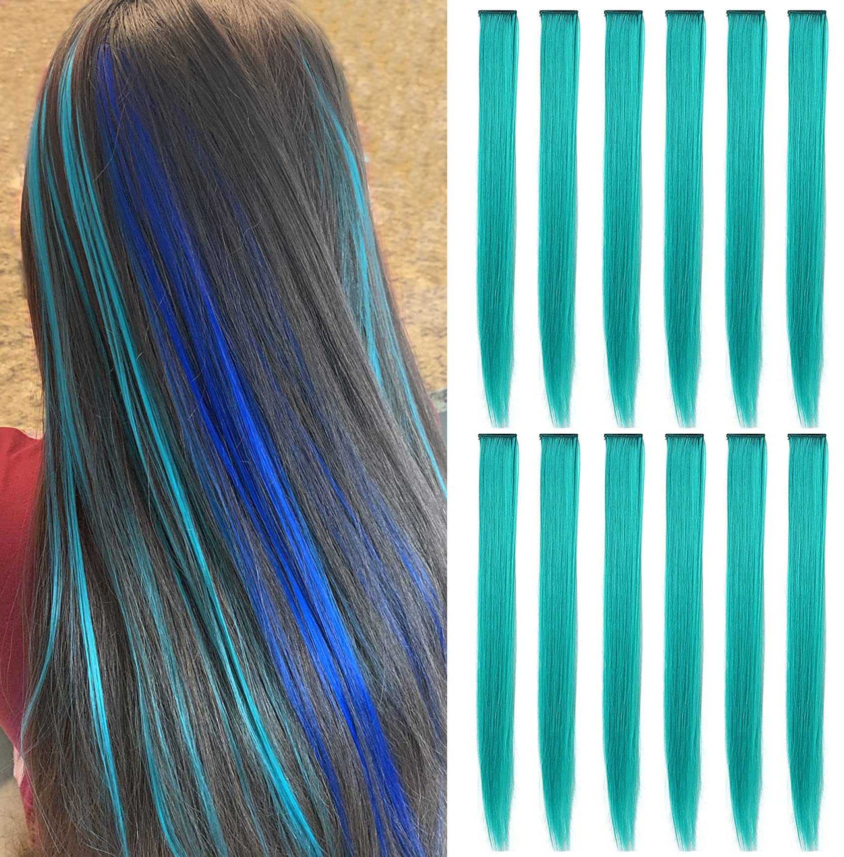 Fcysws 12Pcs Colored Clip in Hair Extensions 21 Inch Heat-Resistant Synthetic Straight Teal Hair Accessories for Women Girls Gift Multi-Colors Party Highlights Clip in Hairpiece (Teal)