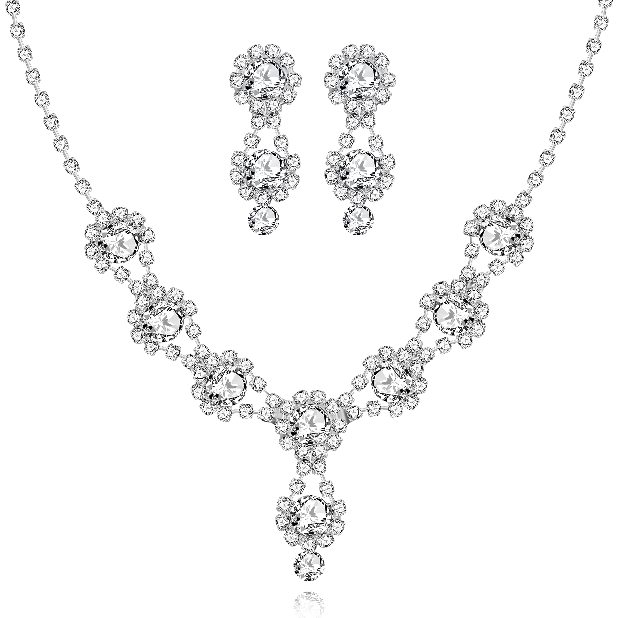 Dainty Flower Design Necklace and Stud Dangle Earrings, Crystal Rhinestone Bridal Bridesmaid Jewelry Set, with 7 Cards Y1659