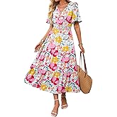 Caracilia Womens Summer Midi Dresses Casual A Line Wrap V Neck Short Sleeve Flowy Tiered Party Vacation Dress with Pockets