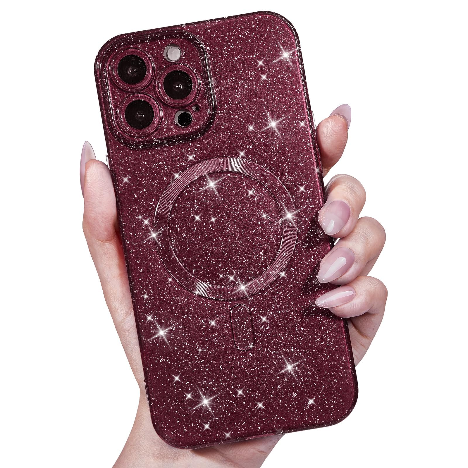 LoeoeL for iPhone 16 Pro Max Case Glitter Compatible with Magsafe, Girly Cute Sparkly Magnetic Mag Safe Pretty Phone Case for Women, Bedazzled Bling Sparkle Slim Bright Silicone Rubber Jelly, Burgundy