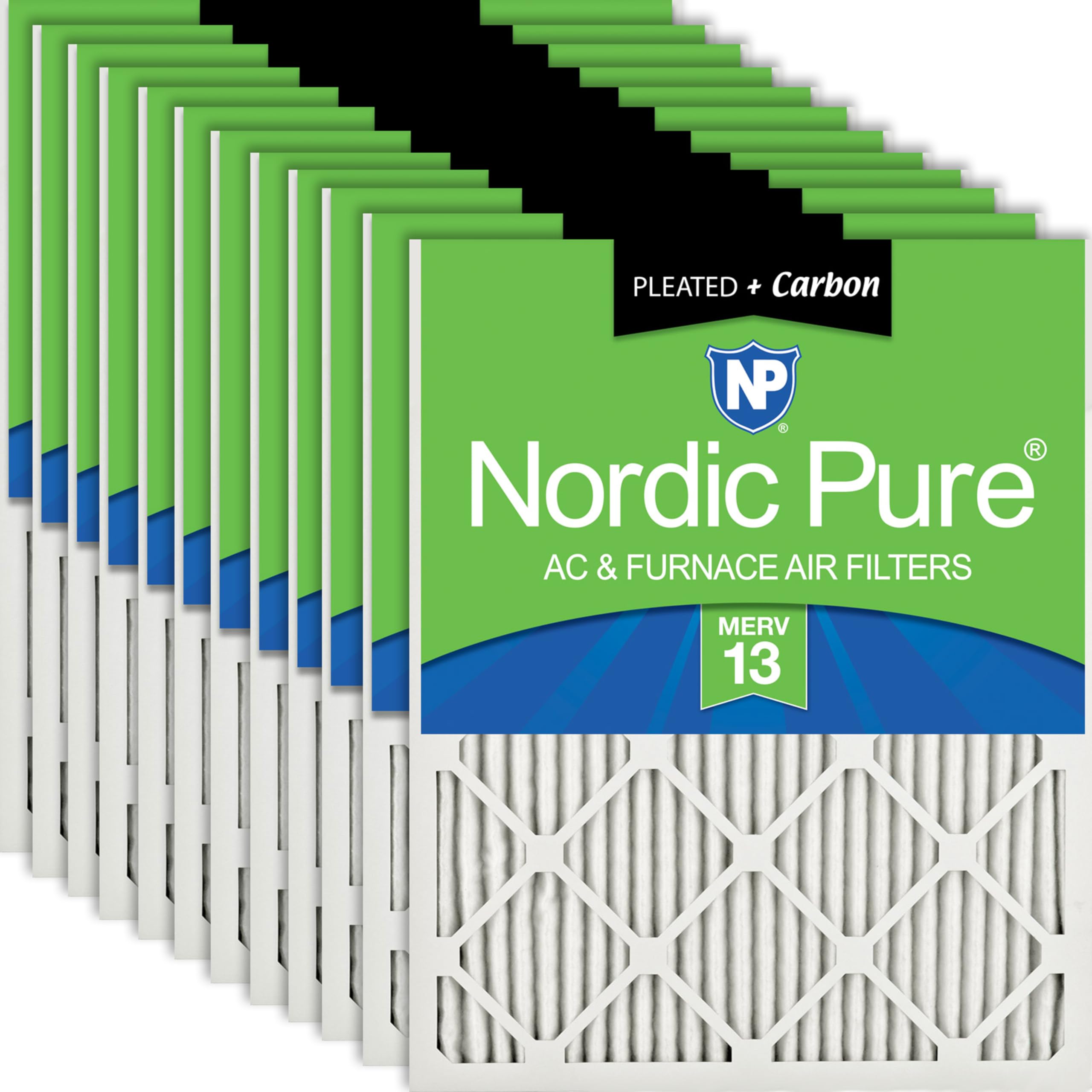 Nordic Pure 12x12x1 (11 3/4 x 11 3/4 x 3/4) Pleated Air Filters MERV 13 Plus Carbon 12 Pack Image