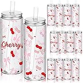 Funnymoom 12 Pcs Valentine's Day Cherry Pink Bow Plastic Cups with Lids and Straws Reusable Drinking Plastic Bottle for Cherry Birthday Party Decorations She's Ready to Pop Baby Shower Supplies