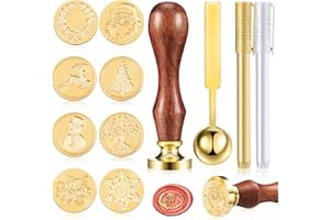 Xuniea 12 Pieces Christmas Halloween Wax Seal Stamp Set Seal Wax Stamps with Wooden Handle, Melting Spoon, Metallic Pen for Vintage Stamp Decoration (Classic Style)