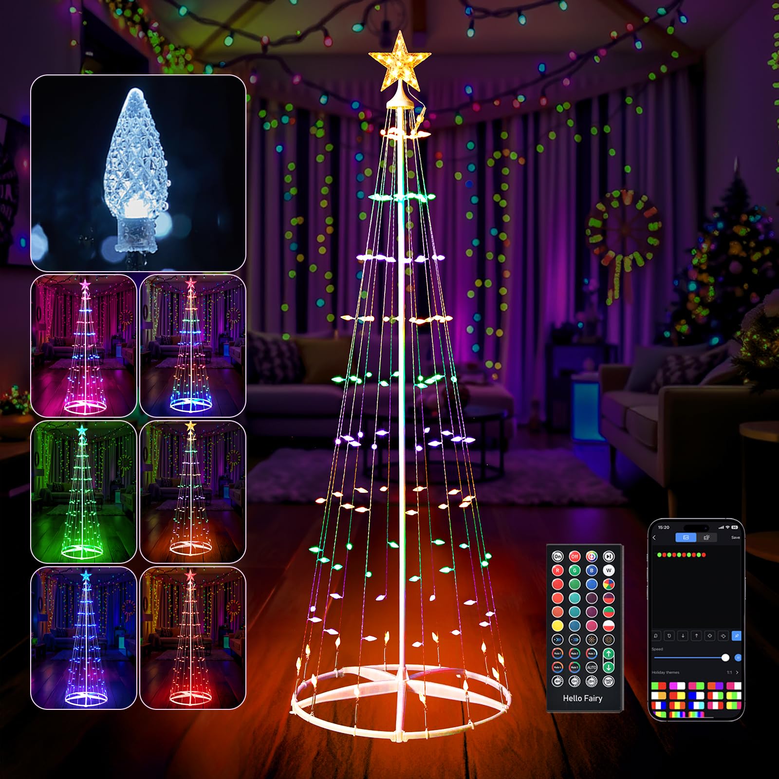 Photo 1 of Minetom 7.5 Ft Smart Christmas Cone Tree, 130 C6 LED Lights with Star Topper, Music Sync, App & Remote Control, DIY Lighting, Timer, Waterproof for Indoor/Outdoor Decorations