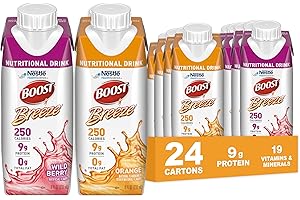 Boost Breeze Clear Nutritional Drink, 9g Protein, 250 Nutrient-Rich Calories, 2 Flavor Variety Case (Orange + Wildberry), 8 Fl Oz (Pack of 24)