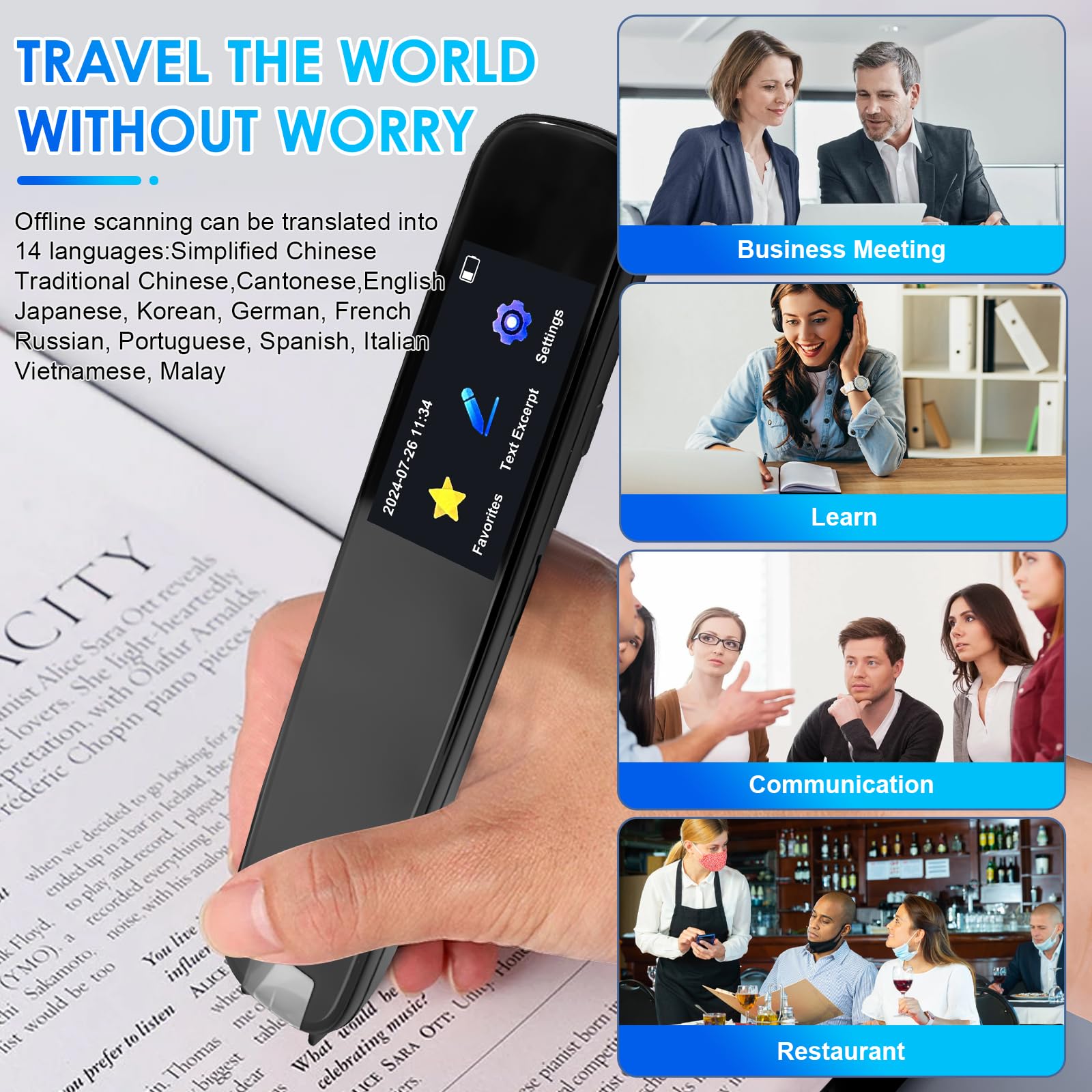 Daspom Scan Translation Pen, 1.97 inch Screen Translator Pen Scanner with 112 Languages Voice Translation, Offline OCR Digital Translation Pen for Student Dyslexia Adult Business Learning Travel