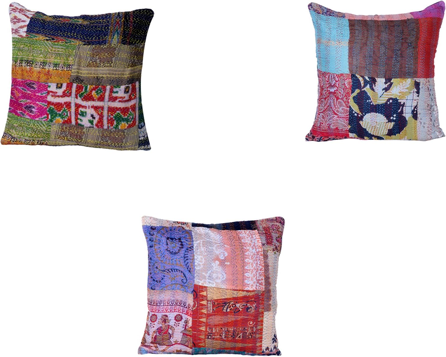 Indistar Set of 3 Throw Pillow Cover | Silk Patchwork Cushion Covers with Traditional Indian Kantha Work | Decorative Cushion Covers, 16 x 16 Inch